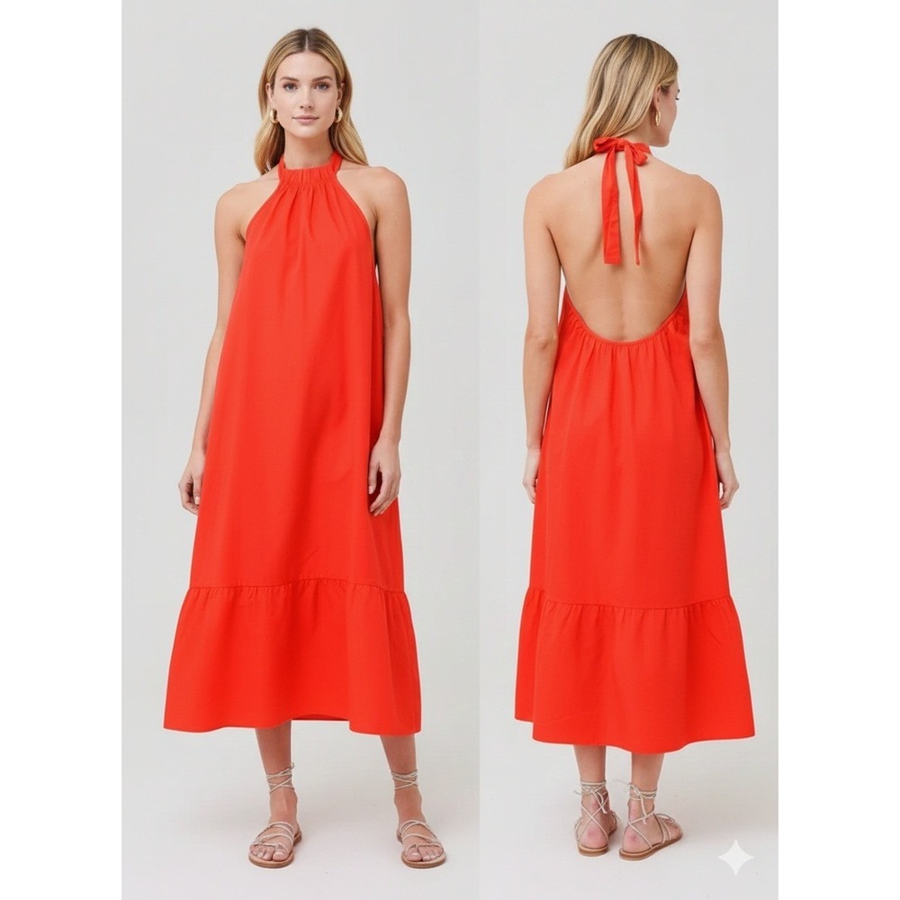 GREYLIN Women's Orange Halter Neck Spring Maxi Dress Backless Size M